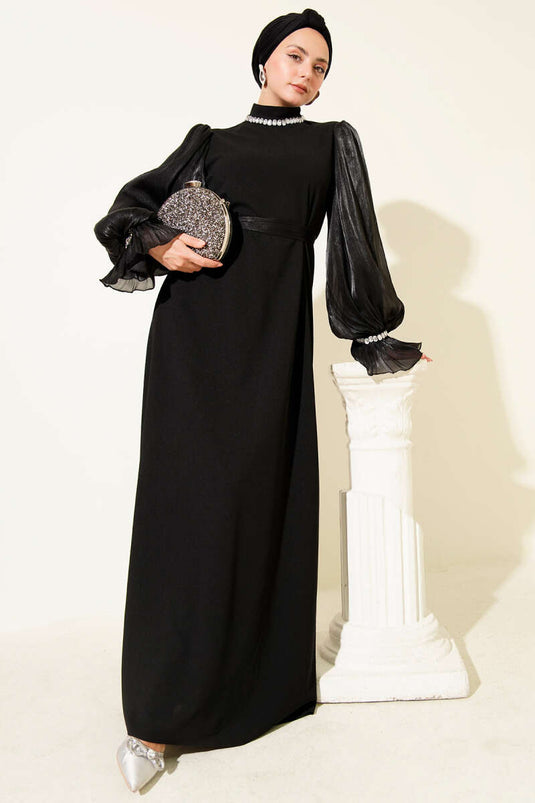 Pearl Detailed Neckline Belted Formal Dress Black