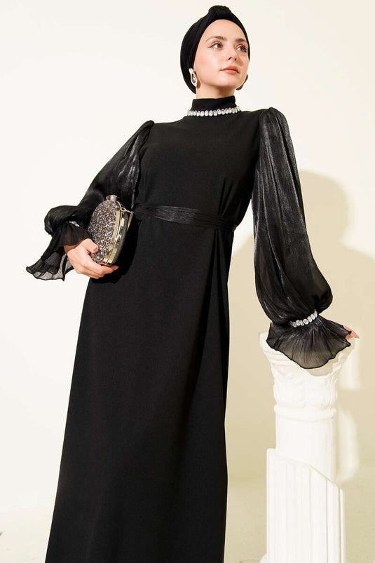 Pearl Detailed Neckline Belted Formal Dress Black