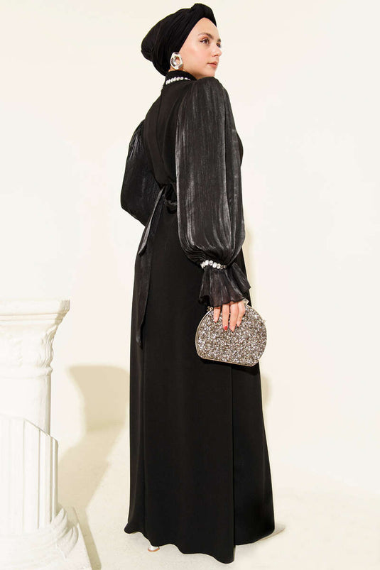 Pearl Detailed Neckline Belted Formal Dress Black