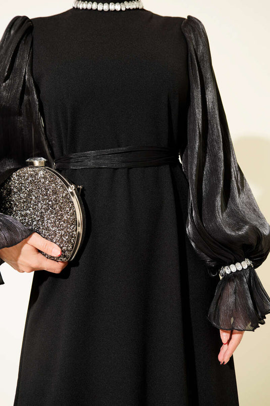 Pearl Detailed Neckline Belted Formal Dress Black