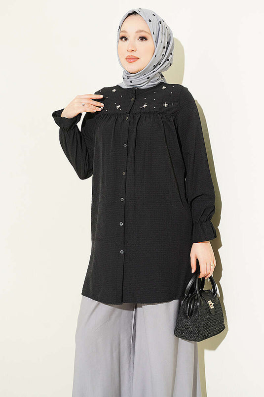 Black Shirt With Pearl Bead Detail And Collar