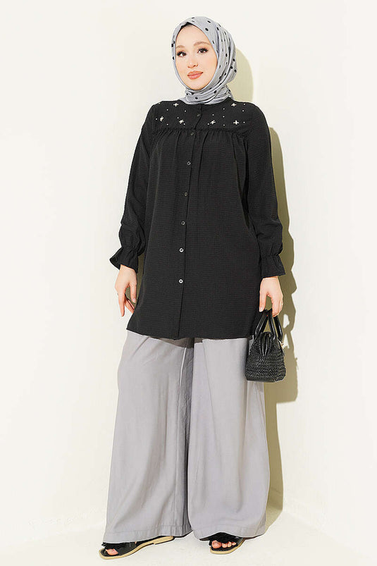Black Shirt With Pearl Bead Detail And Collar