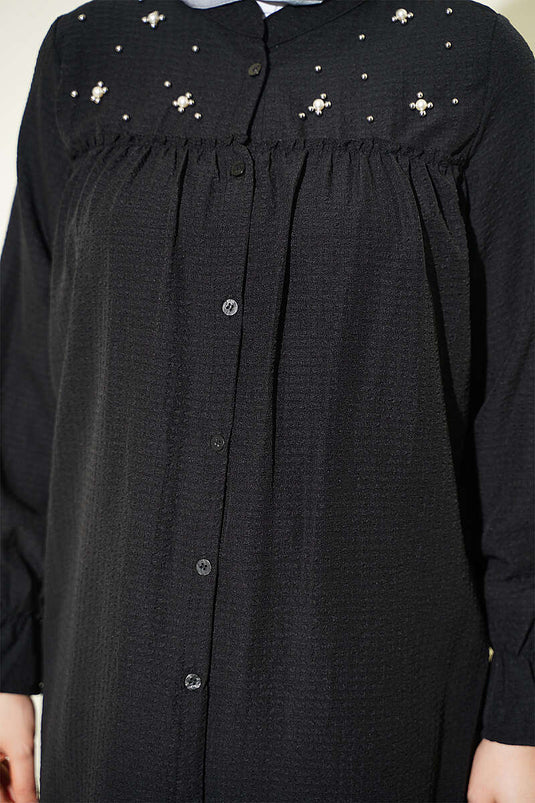 Black Shirt With Pearl Bead Detail And Collar