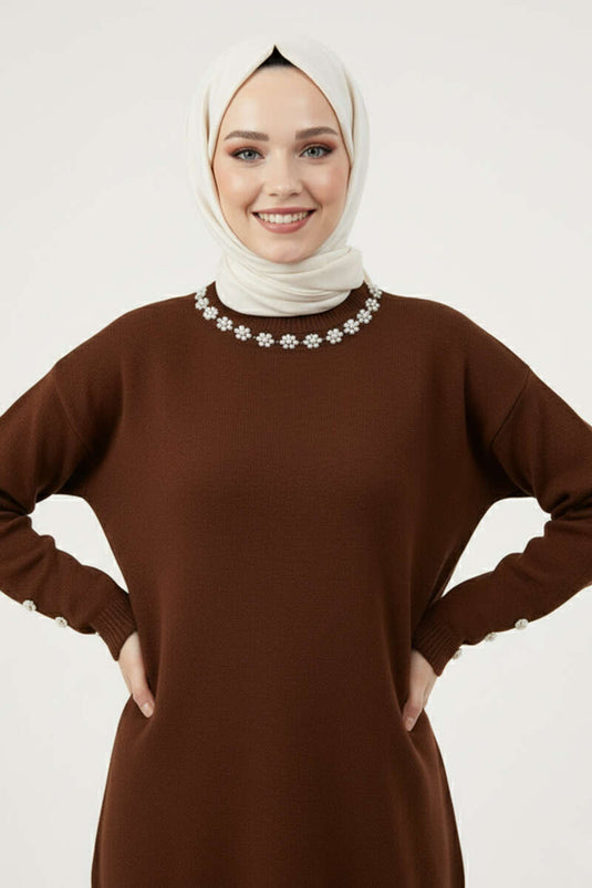 Yaka İncili Sakallı Tunik Acı Kahve