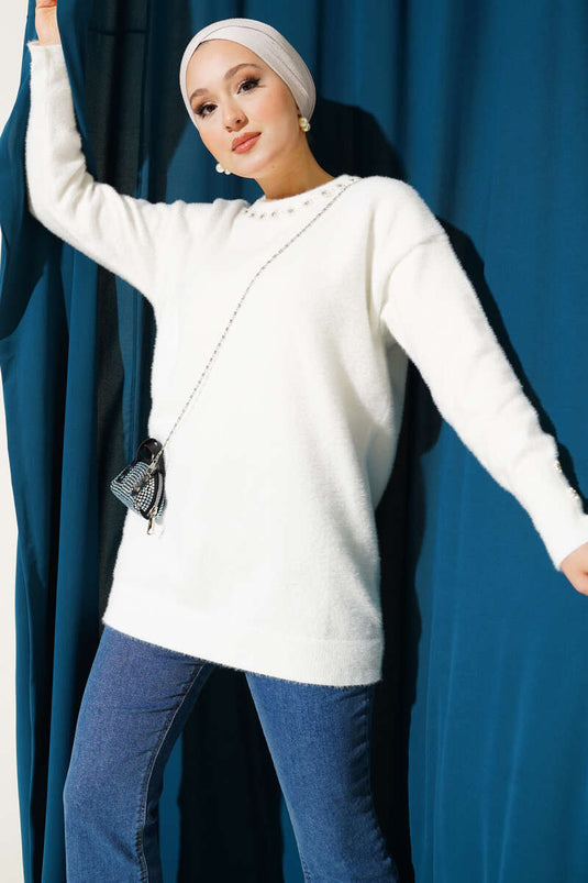 Yaka İncili Sakallı Tunik Ekru