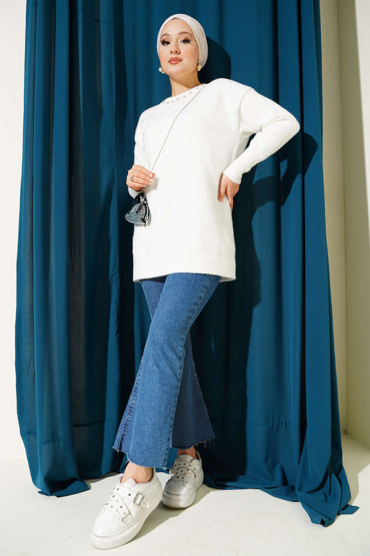 Yaka İncili Sakallı Tunik Ekru