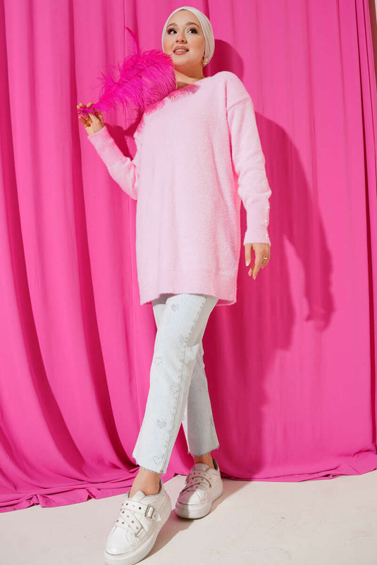 Yaka İncili Sakallı Tunik Pembe