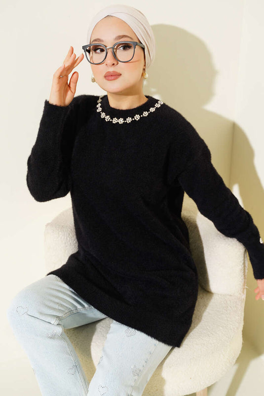 Barttunika mit Perlenkragen Schwarz