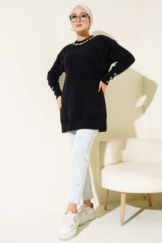 Barttunika mit Perlenkragen Schwarz