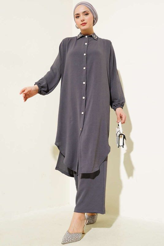 Parelkraag Lange Tuniek Tweedelig Pak Rook