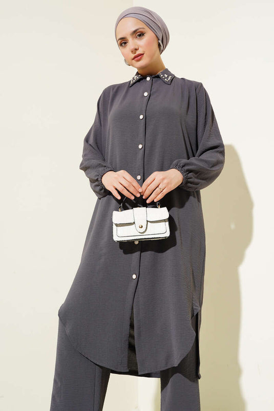 Parelkraag Lange Tuniek Tweedelig Pak Rook