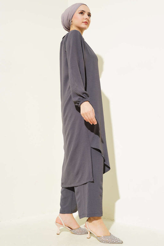 Parelkraag Lange Tuniek Tweedelig Pak Rook