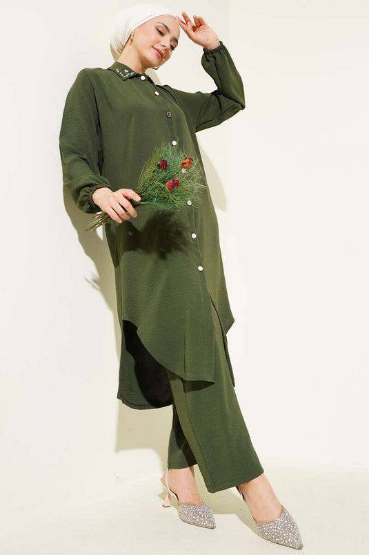 Pearl Collar Long Tunic Two Piece Set Khaki