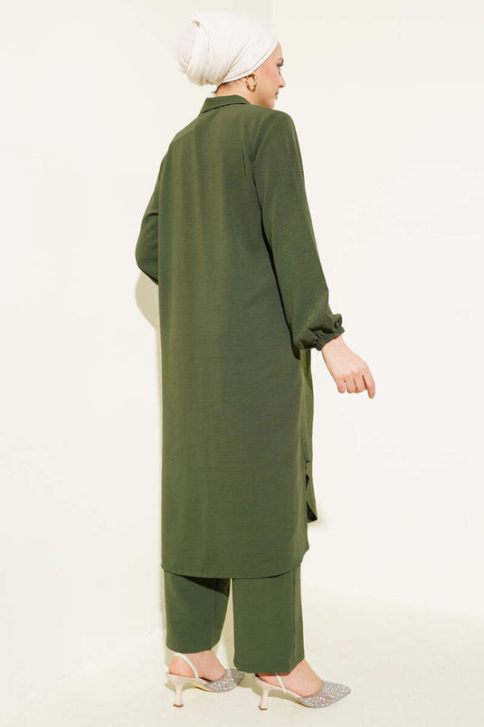 Pearl Collar Long Tunic Two Piece Set Khaki