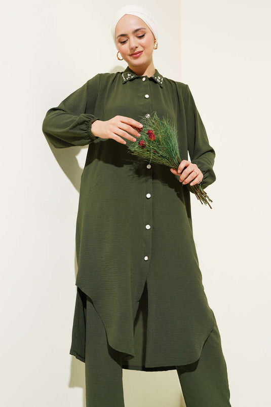 Pearl Collar Long Tunic Two Piece Set Khaki