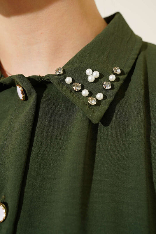 Pearl Collar Long Tunic Two Piece Set Khaki