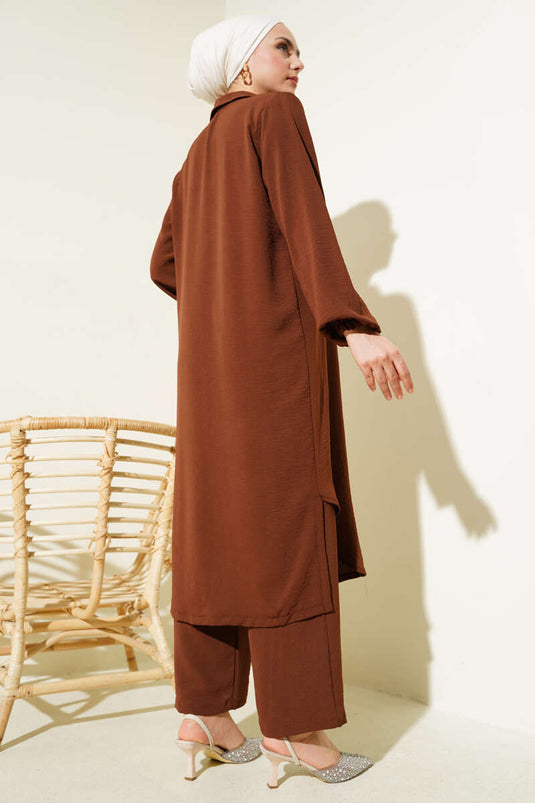 Pearl Collar Long Tunic Two Piece Set Brown
