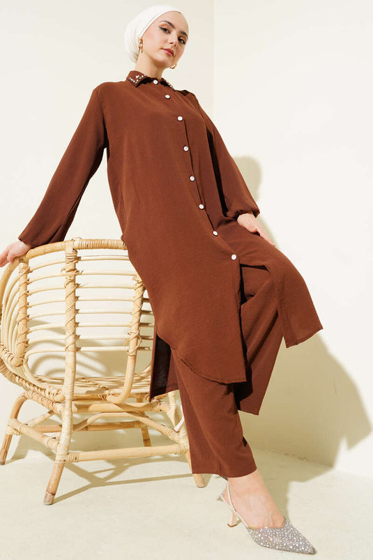 Pearl Collar Long Tunic Two Piece Set Brown