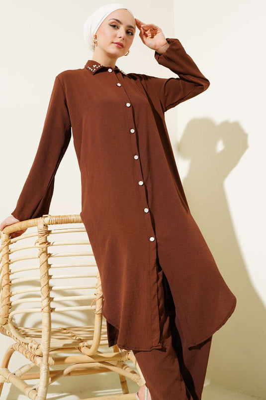 Pearl Collar Long Tunic Two Piece Set Brown
