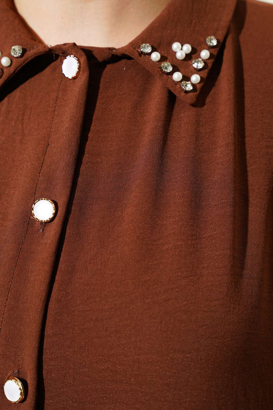 Pearl Collar Long Tunic Two Piece Set Brown