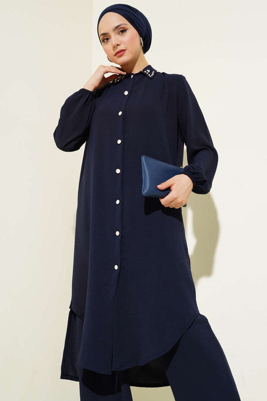 Pearl Collar Long Tunic Two Piece Set Navy Blue
