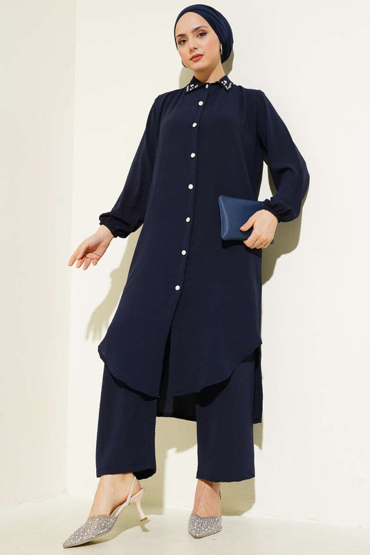 Pearl Collar Long Tunic Two Piece Set Navy Blue