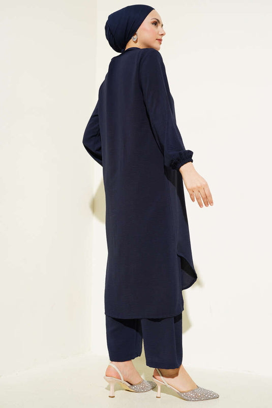 Pearl Collar Long Tunic Two Piece Set Navy Blue