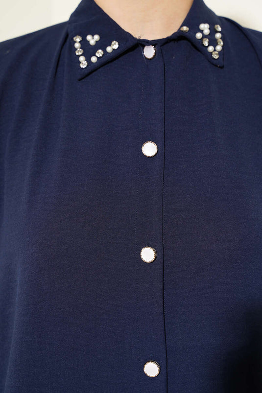 Pearl Collar Long Tunic Two Piece Set Navy Blue