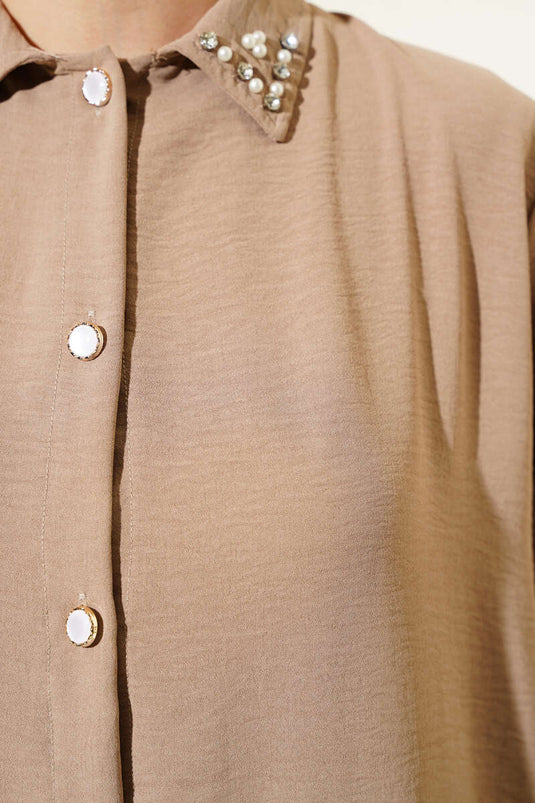 Yaka İncili Uzun Tunik İkili Takım Vizon