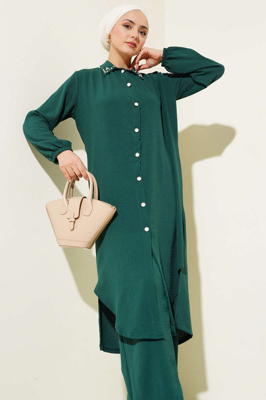 Set due pezzi con tunica lunga e colletto di perle Smeraldo