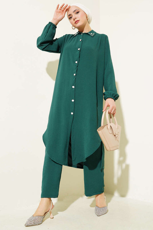 Set due pezzi con tunica lunga e colletto di perle Smeraldo