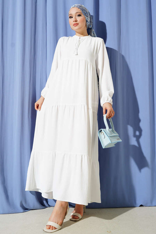 White Layered Dress with Lace Collar Detail