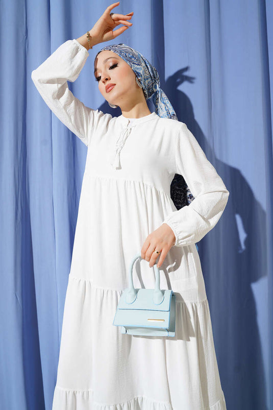 White Layered Dress with Lace Collar Detail