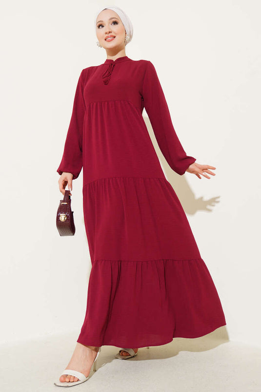 Collar Rope Tie Detailed Layered Dress Burgundy