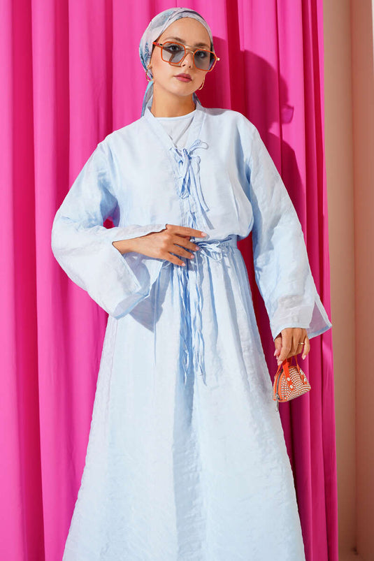 Yaka İp Bağlamalı Etekli Üçlü Takım Mavi