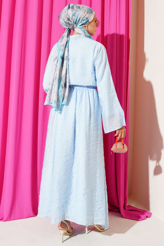 Yaka İp Bağlamalı Etekli Üçlü Takım Mavi