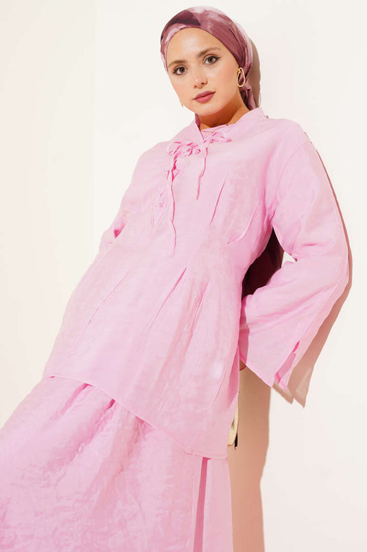 Yaka İp Bağlamalı Etekli Üçlü Takım Pembe