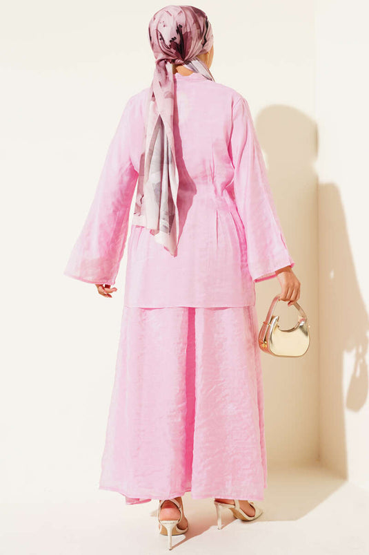 Yaka İp Bağlamalı Etekli Üçlü Takım Pembe