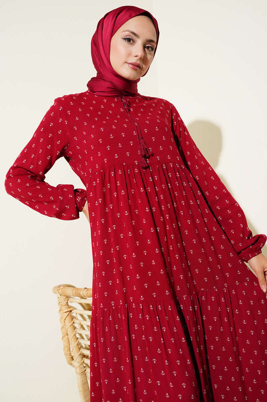 Burgundy Anchor Pattern Dress with Drawstring Collar
