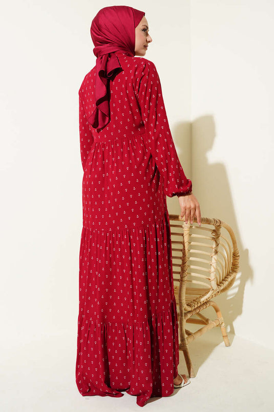 Burgundy Anchor Pattern Dress with Drawstring Collar