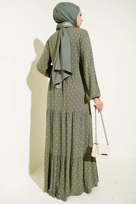 Anchor Pattern Dress with Collar Drawstring, Khaki