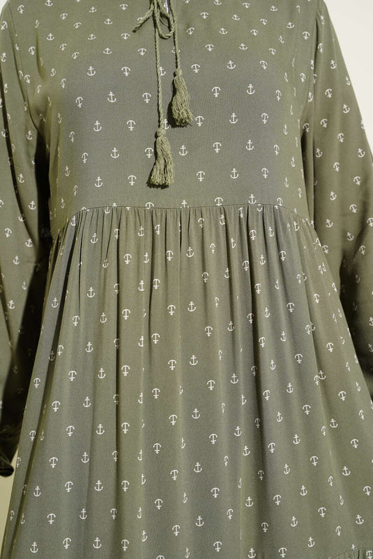 Anchor Pattern Dress with Collar Drawstring, Khaki