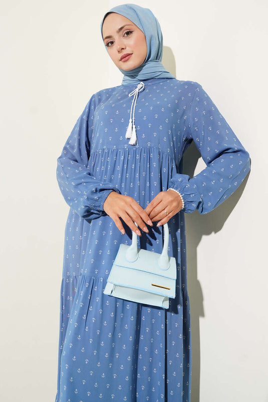 Anchor Pattern Dress with Neckline, Indigo