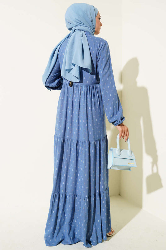 Anchor Pattern Dress with Neckline, Indigo
