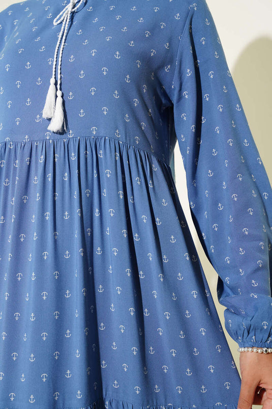 Anchor Pattern Dress with Neckline, Indigo