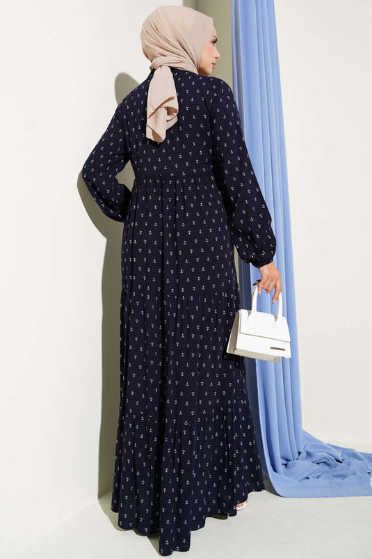 Marineblaues Kleid mit Ankermuster und Kordelzugkragen