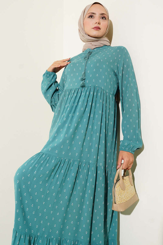 Kleid mit Ankermuster und Kordelzugkragen, Petrol