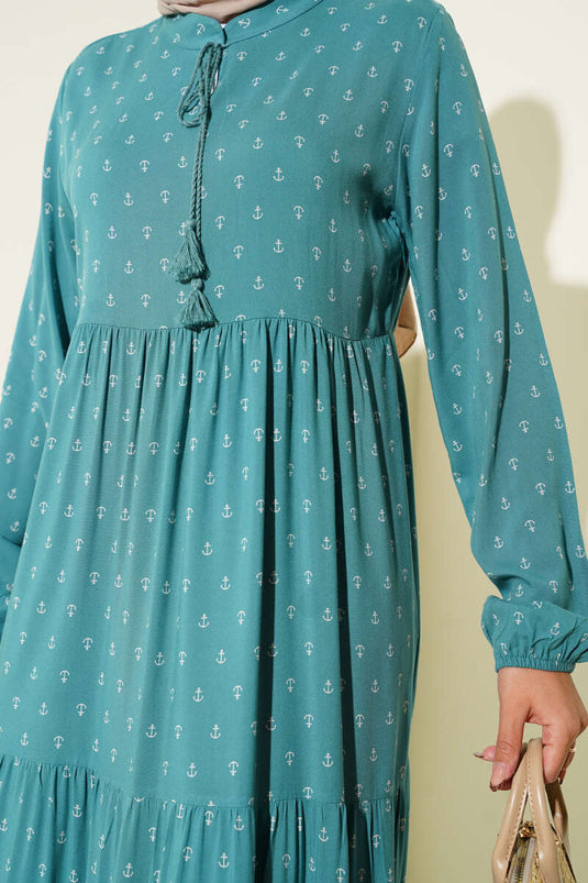 Anchor Pattern Dress with Drawstring Collar, Petrol