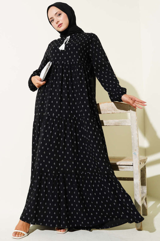 Black Anchor Pattern Dress with Drawstring Collar