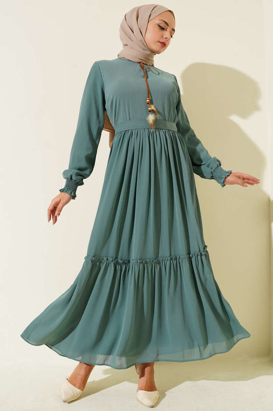 Yaka İpli Kuşaklı Elbise Çağla Yeşili